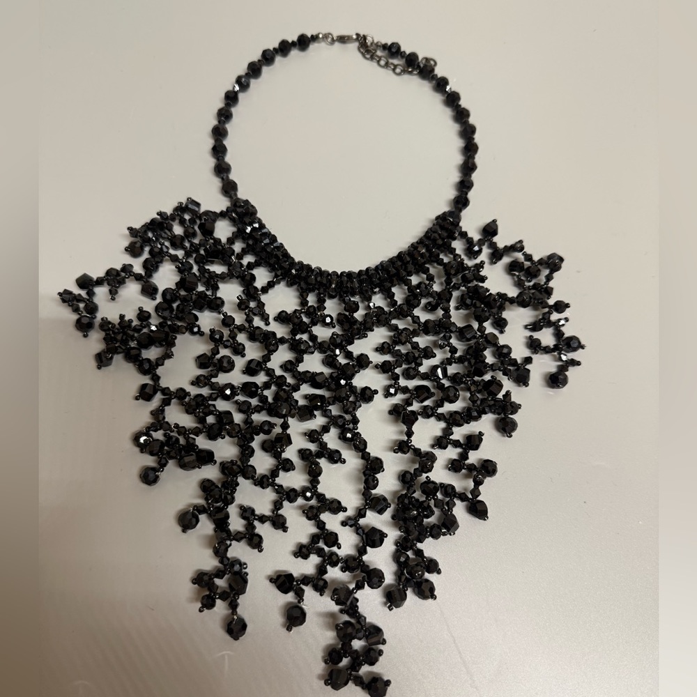 Black crystals Beaded Fringe Statement Necklace - Picture 4 of 11